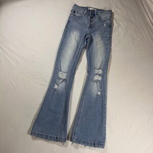 KanCan Petite High Rise Distressed Flare Jeans Light Wash Button Fly 3/25